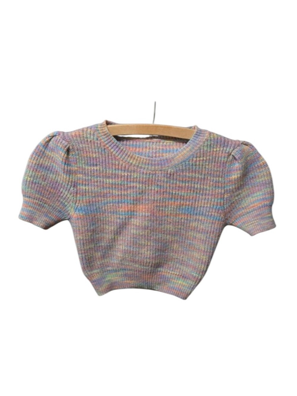 Knit Mix Multicolor Pastel Puff Sleeve Sweater Top Women's Size S